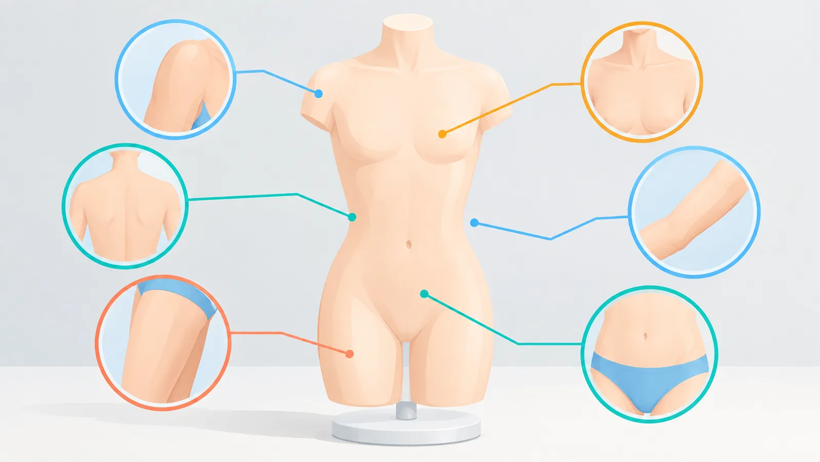 Silhouette illustrant différentes zones du corps où des cicatrices chirurgicales peuvent apparaître