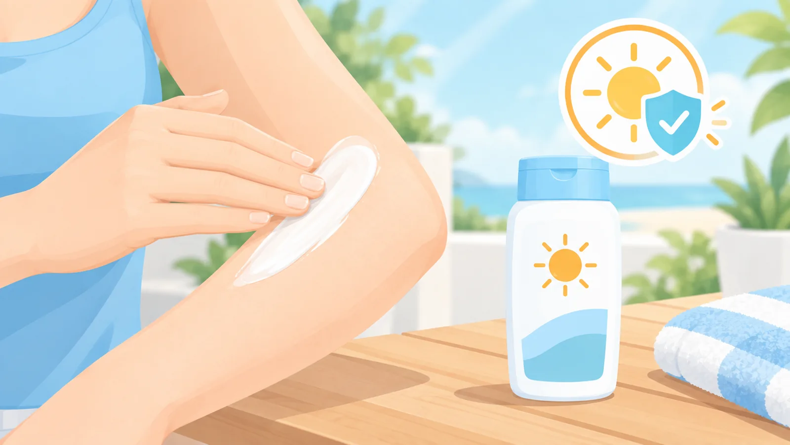 Application d'un écran solaire sur la peau avant une sortie en extérieur