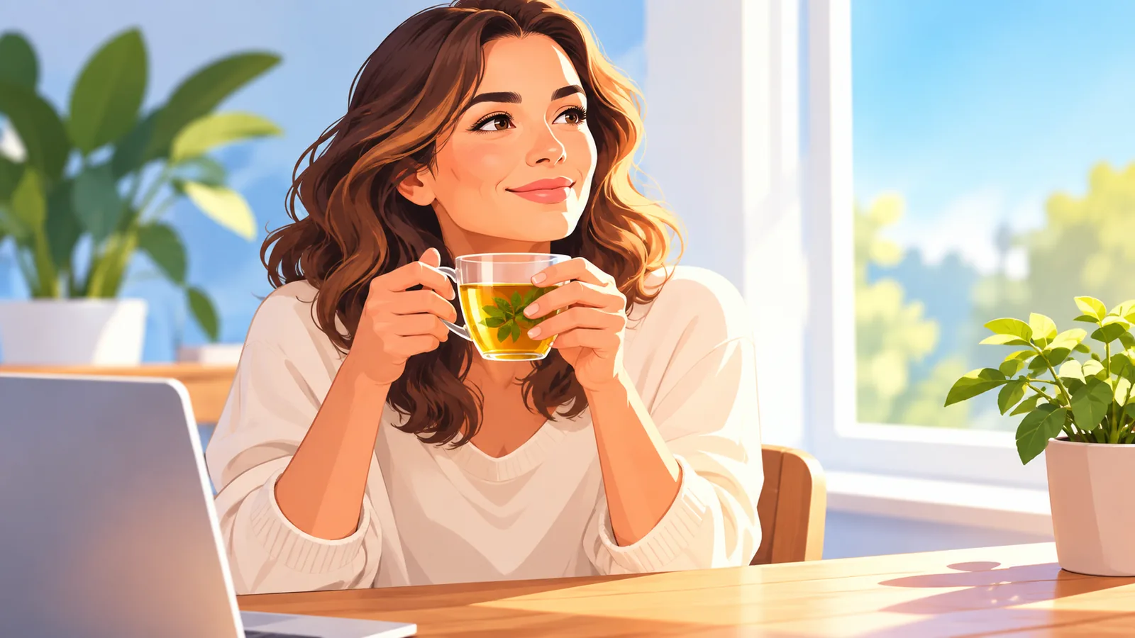 Femme détendue à son bureau, une tasse de tisane à la main, près d'une fenêtre lumineuse
