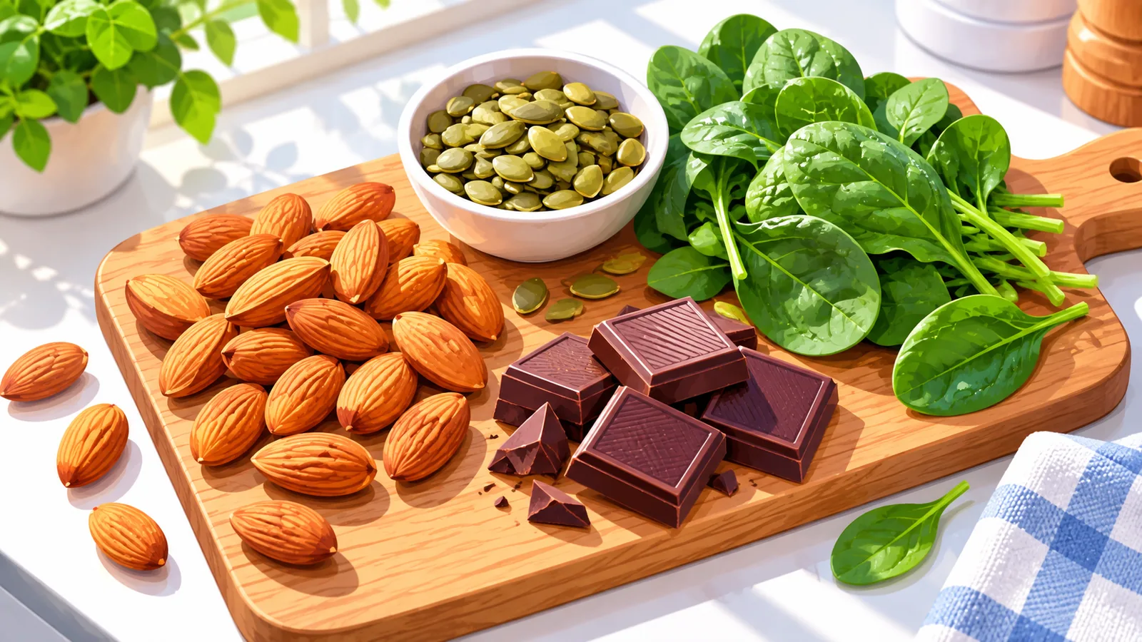 Amandes, graines et légumes verts riches en magnésium sur un plan de travail