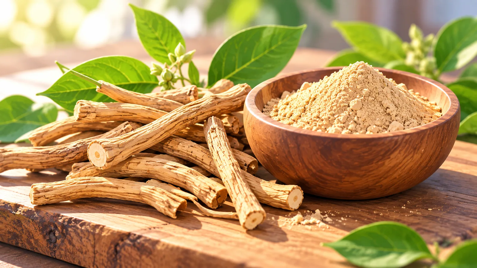 Racines et poudre d'ashwagandha dans un bol en bois