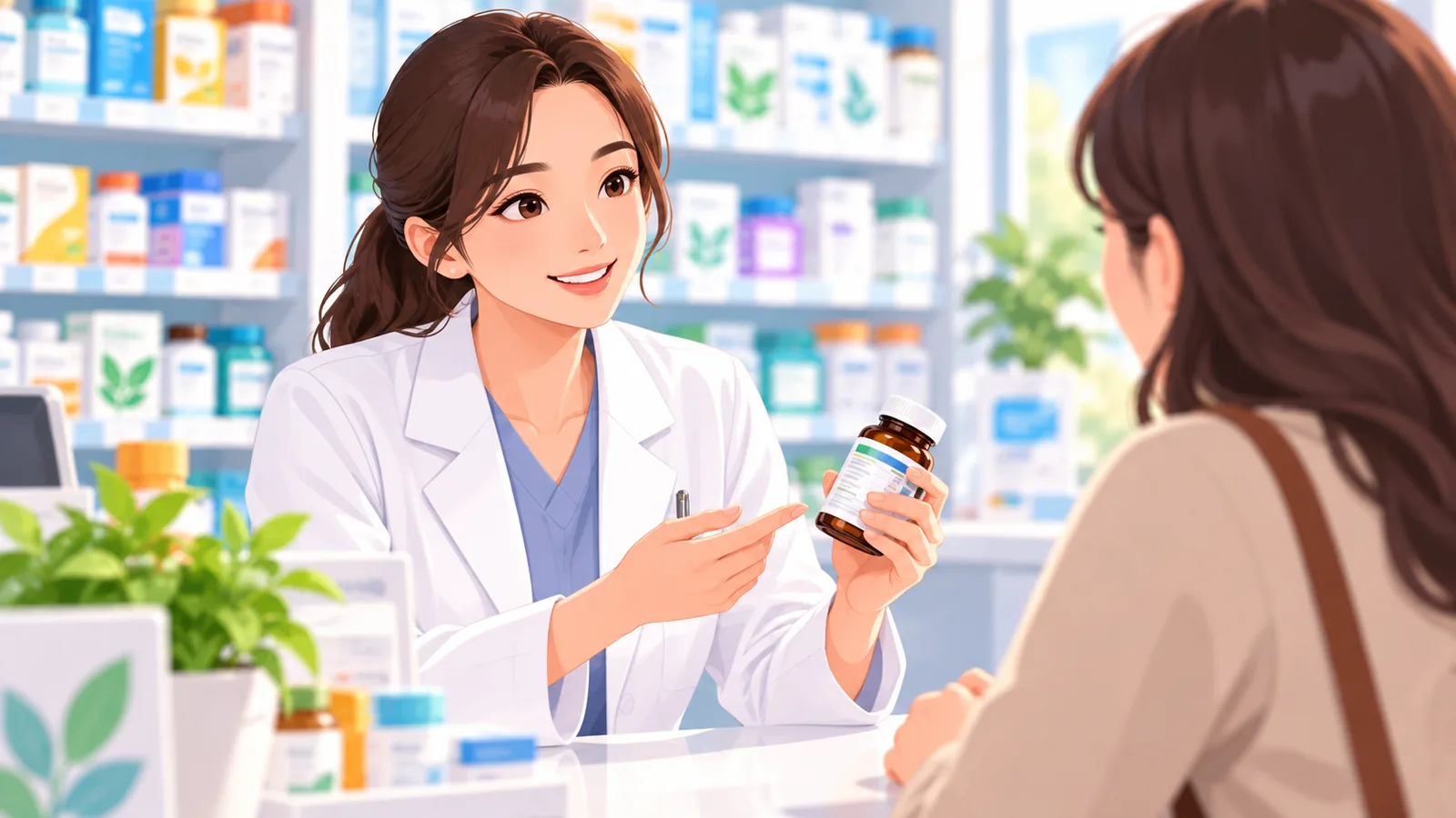 Pharmacien qui conseille un client au comptoir d'une pharmacie