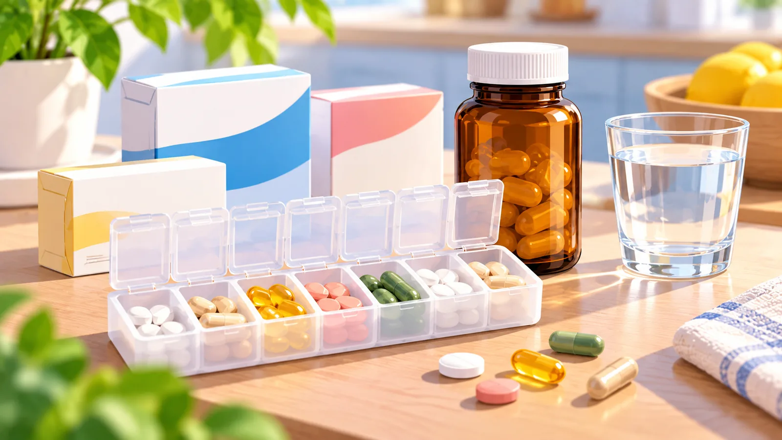 Pilulier et boîtes de médicaments à côté d'un flacon de complément