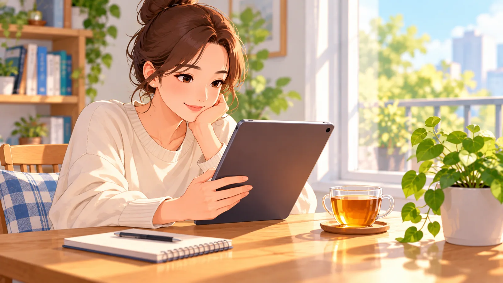 Personne qui consulte des informations sur une tablette près d'une tasse de thé