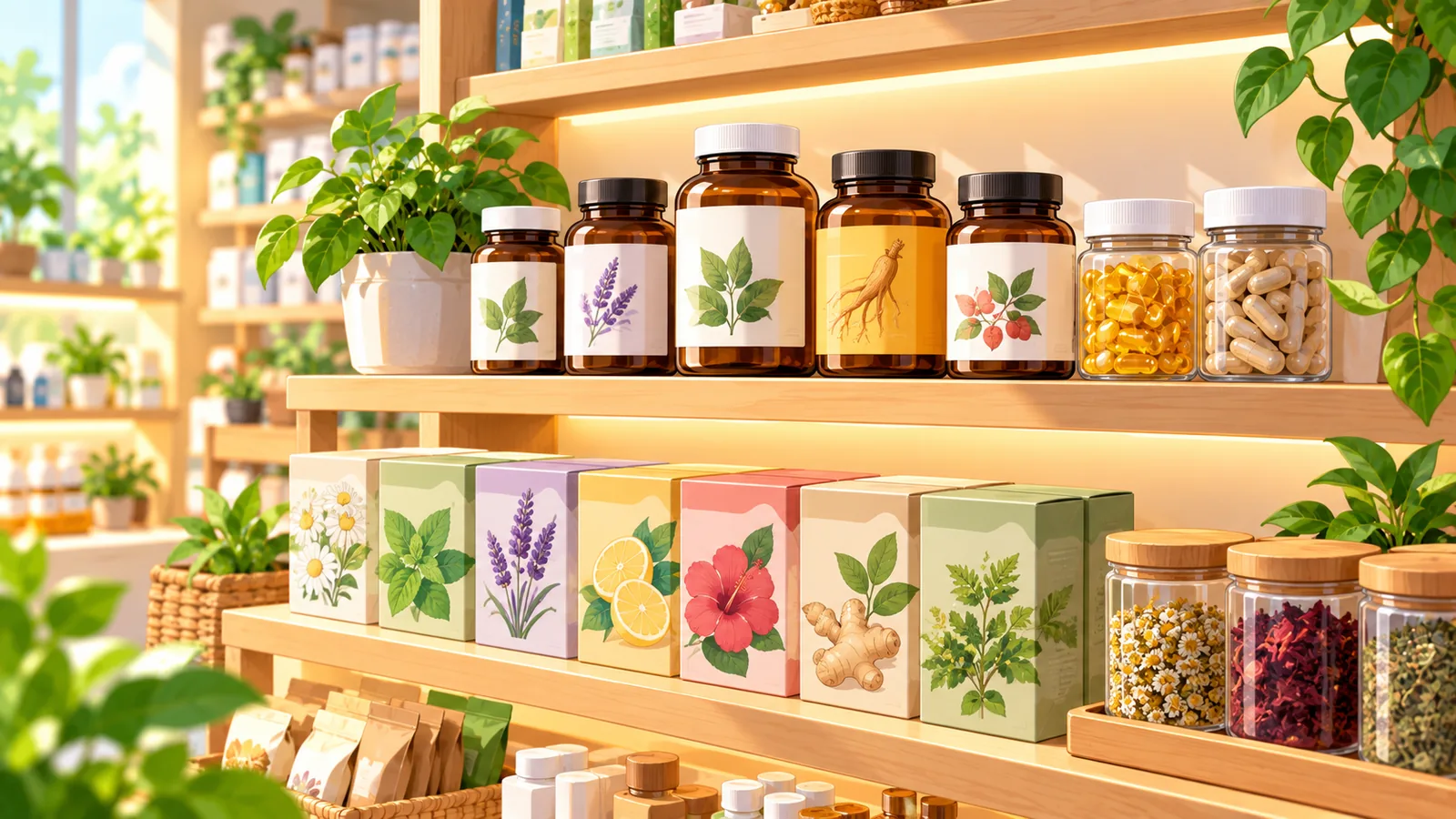 Sélection de compléments présentée sur une étagère de boutique