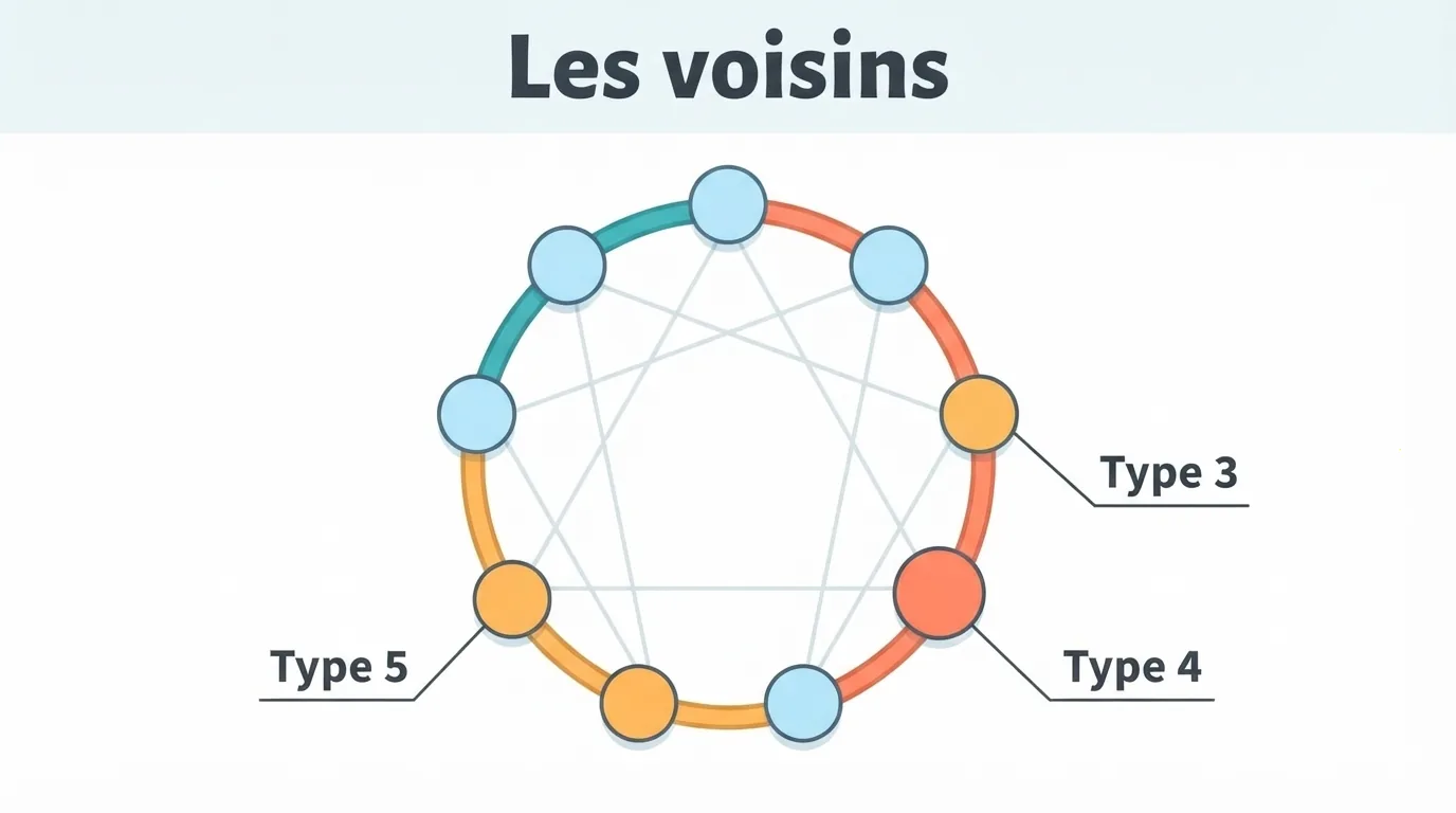 Sur le cercle, le type 4 a pour ailes possibles les types 3 et 5 ; les lignes intérieures représentent un autr