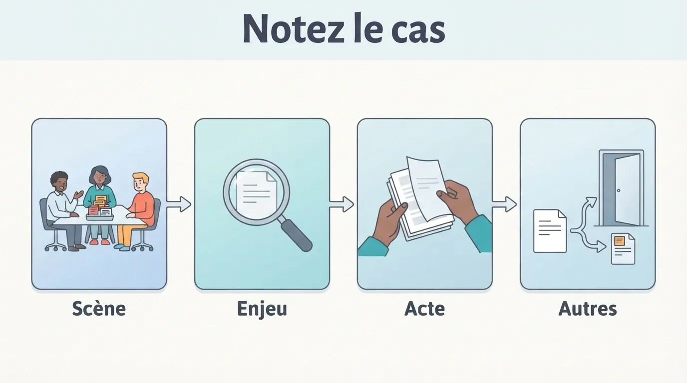 Une fiche relie la situation, ce qui comptait pour soi, le comportement observé et une autre explication possi