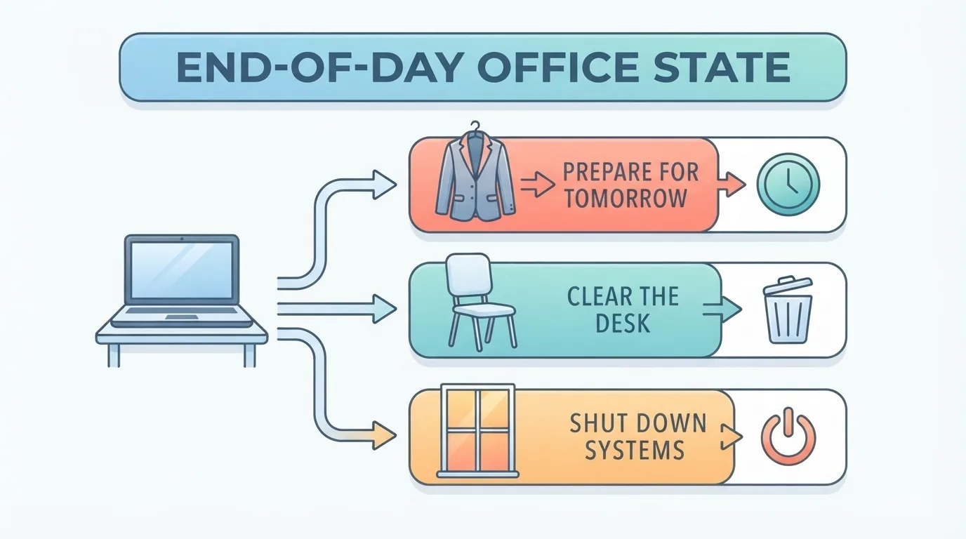 Un ordinateur portable fermé sur un bureau en fin de journée