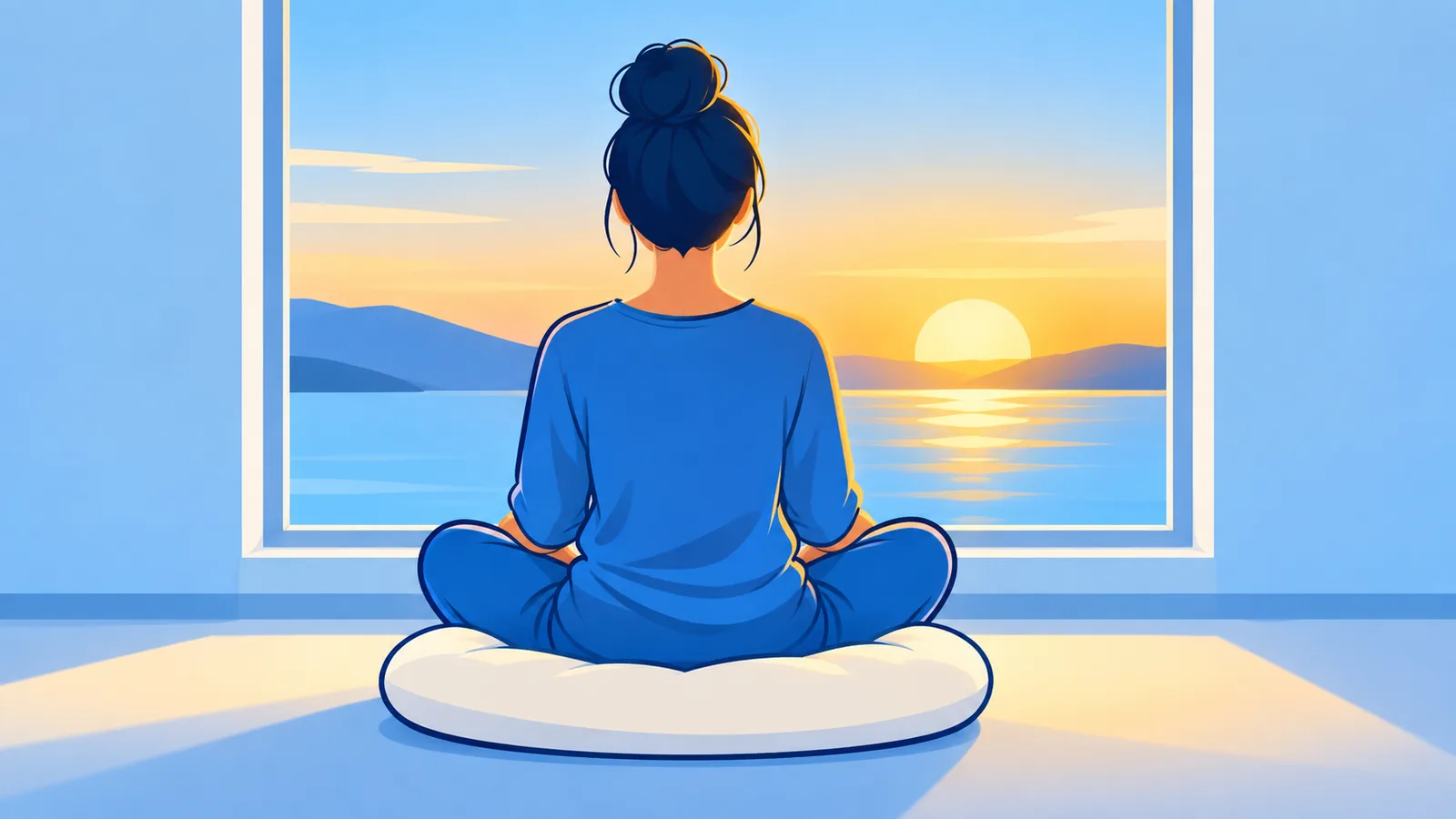 Personne assise en méditation près d'une fenêtre au lever du soleil