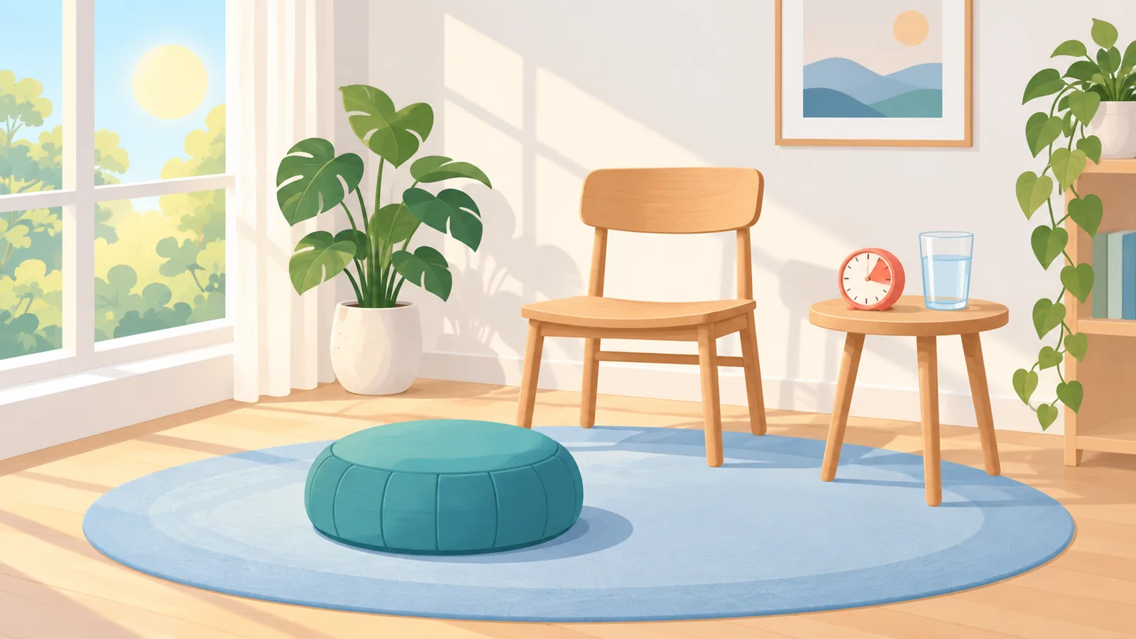 Coin calme aménagé pour la méditation du matin avec coussin, chaise et minuteur