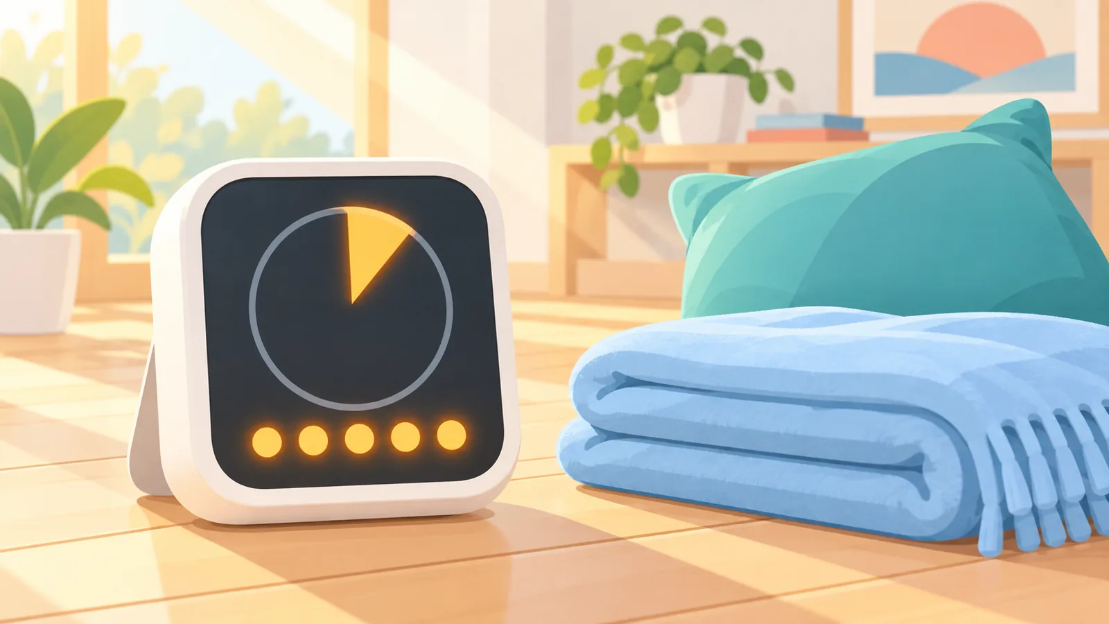 Minuteur réglé sur cinq minutes à côté d'un coussin de méditation
