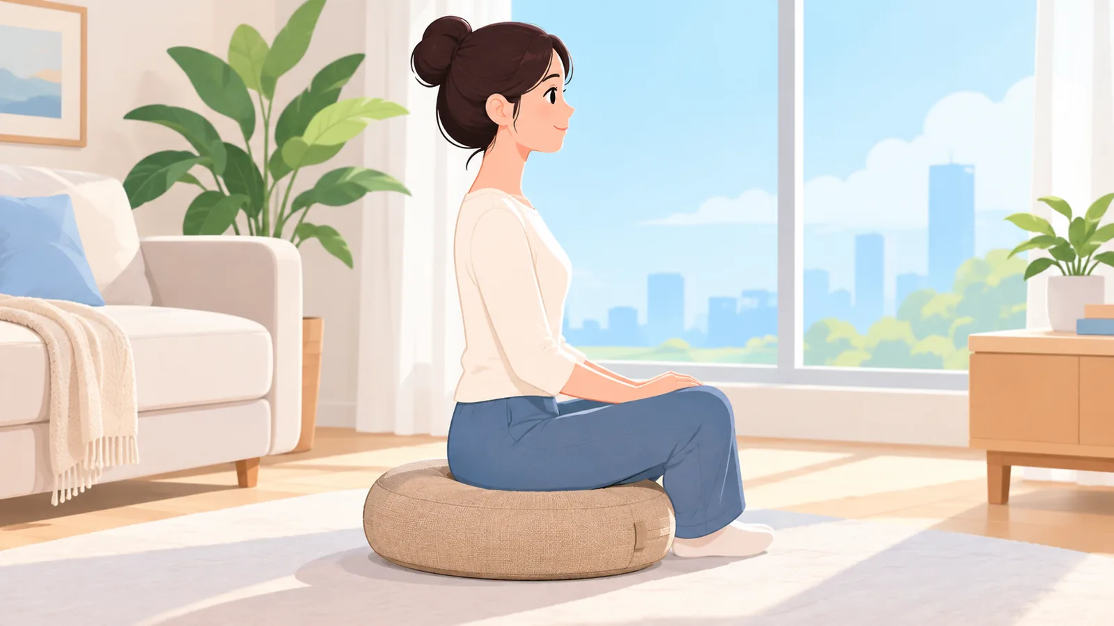 Personne assise le dos droit sur un coussin de méditation dans un salon lumineux