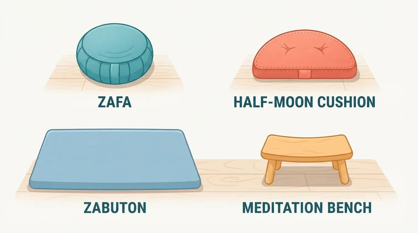 Différents types de supports d'assise de méditation disposés sur un parquet