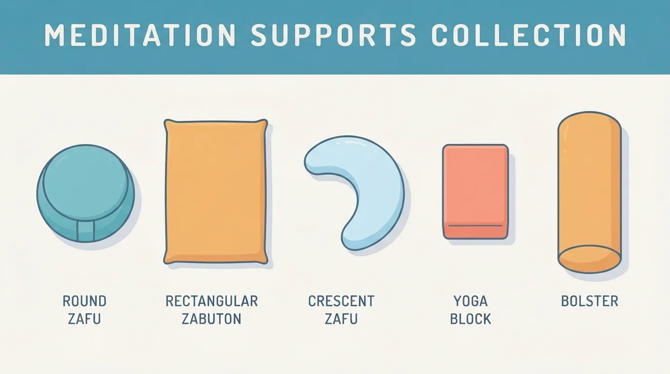 Comparaison visuelle de cinq supports d'assise de méditation