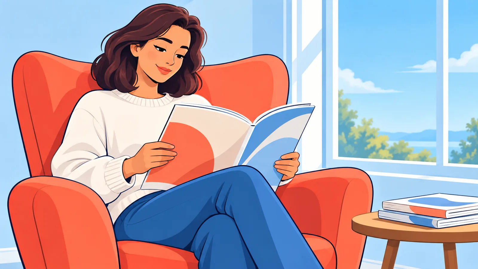 Lecteur installé dans un fauteuil avec un magazine littéraire près d’une fenêtre