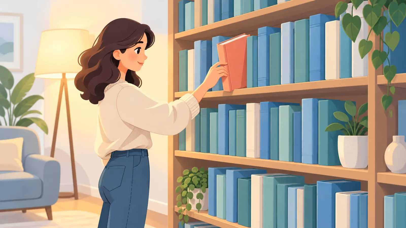 Lectrice choisissant un livre devant une grande bibliothèque