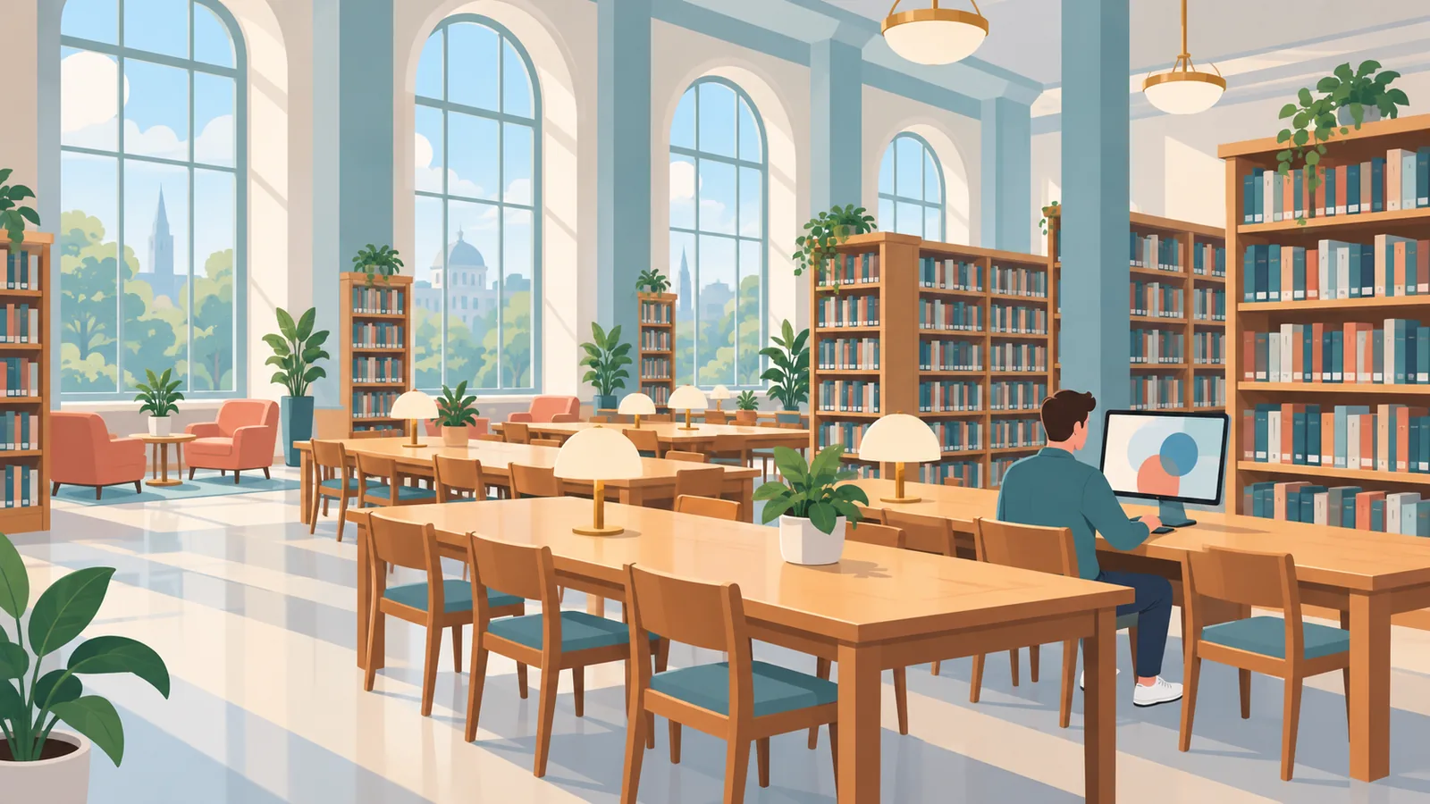 Salle de lecture d’une bibliothèque publique avec poste informatique