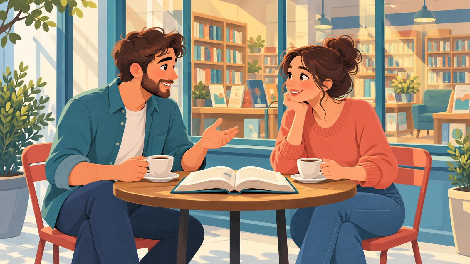 Deux amis discutant de lecture autour d’un café