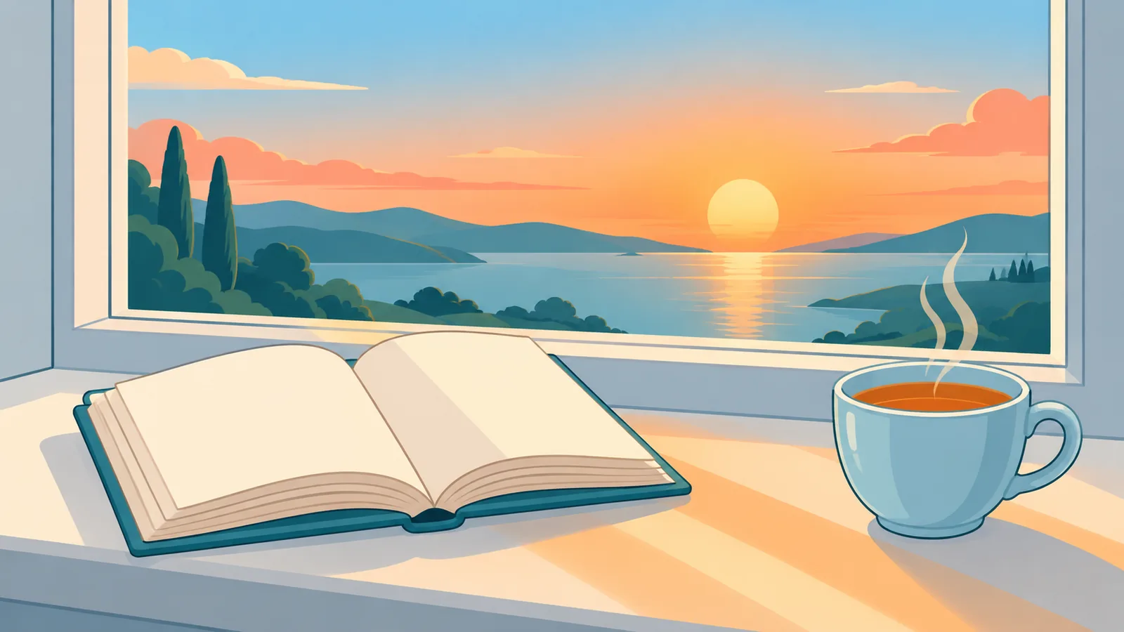 Livre ouvert et tasse de thé sur un rebord de fenêtre au coucher du soleil