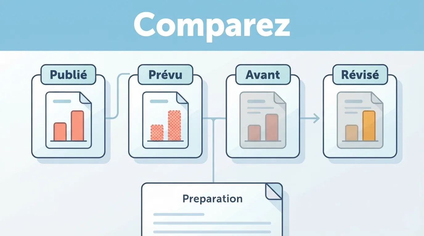 Quatre cases distinguent le chiffre publié, la prévision, la valeur précédente et sa révision.