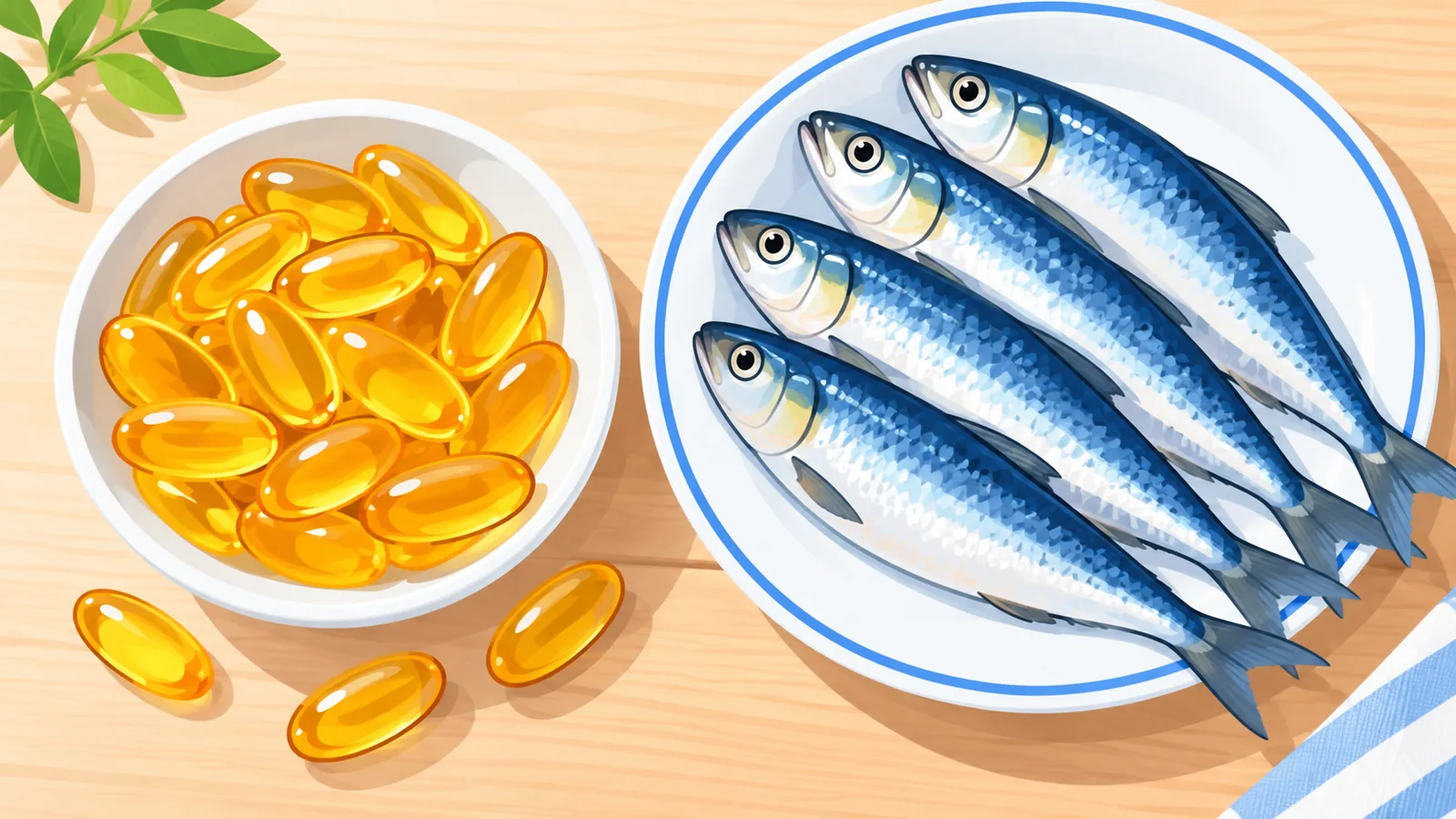 Capsules d'huile de poisson et sardines fraîches sur une table en bois clair