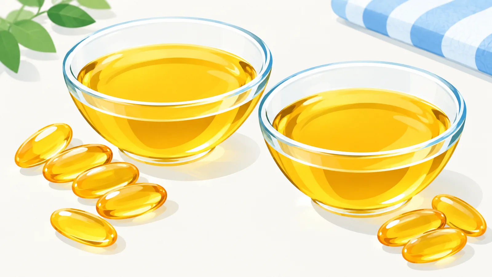 Deux petits bols d'huile dorée et des capsules en gros plan