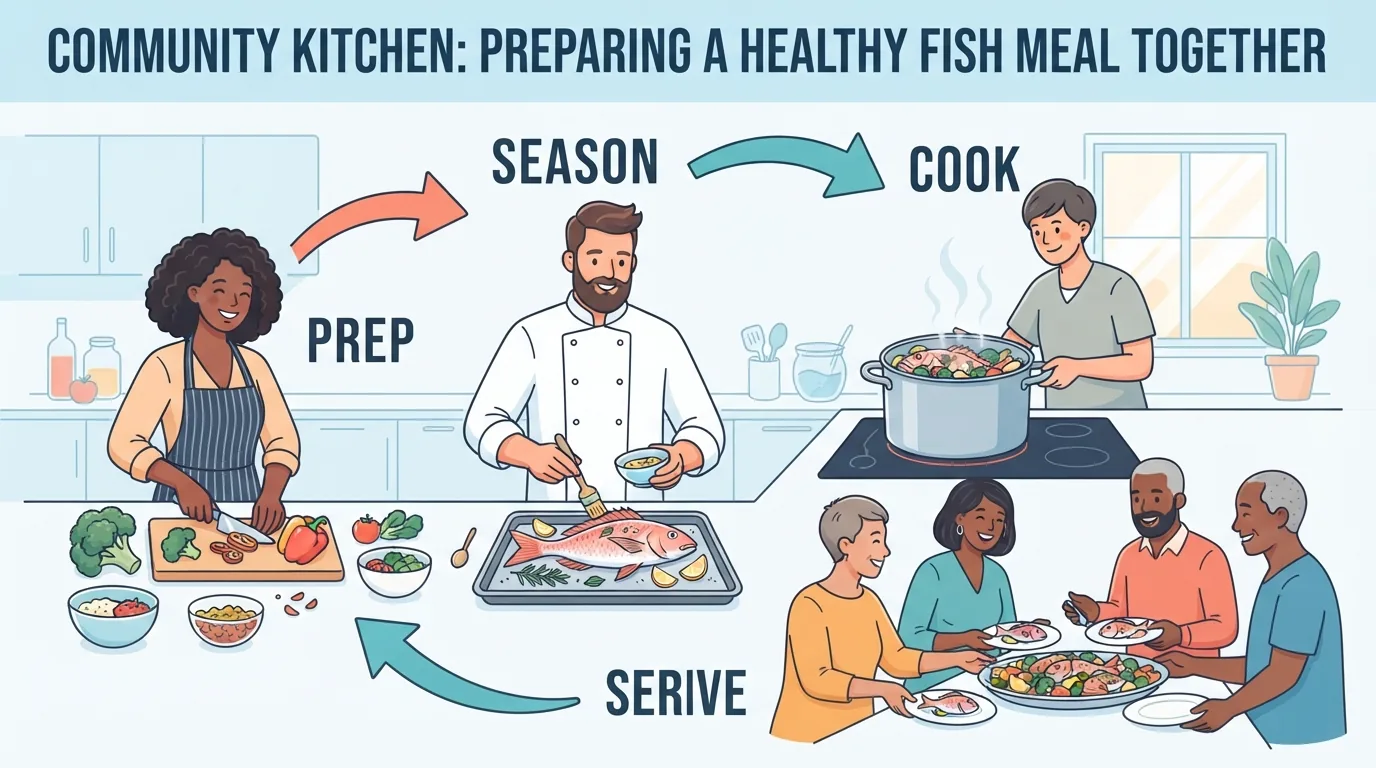 Groupe d'adultes préparant un repas équilibré à base de poisson dans une cuisine lumineuse