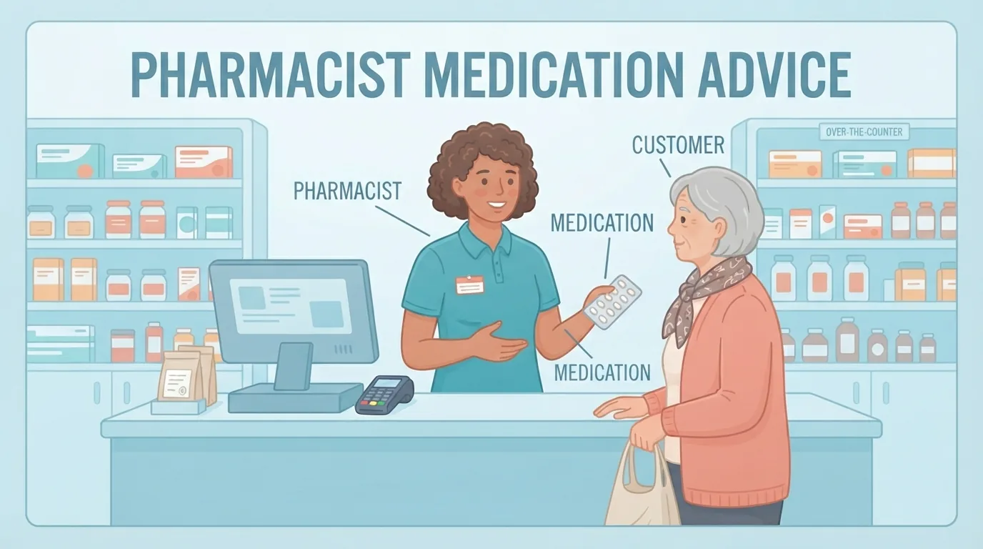 Pharmacien conseillant un client au comptoir d'une pharmacie