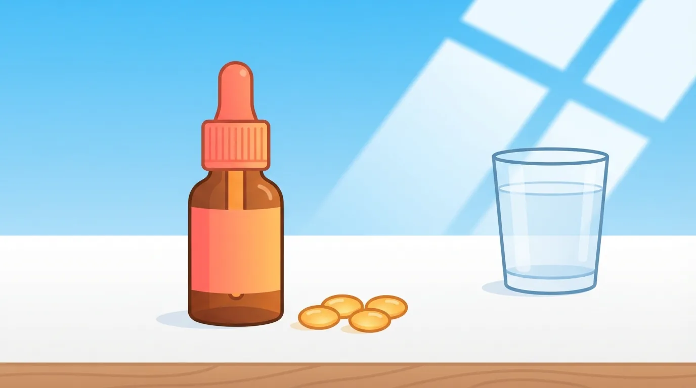 Flacon de gouttes et capsules de vitamine sur une table de cuisine