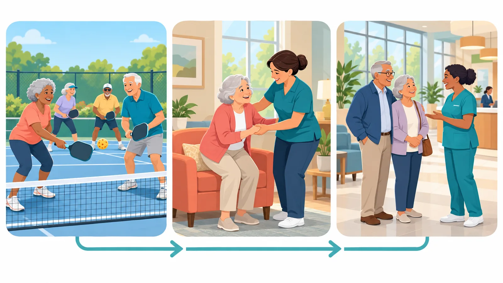 Trois ambiances de communautés de retraités : activités, assistance et soins
