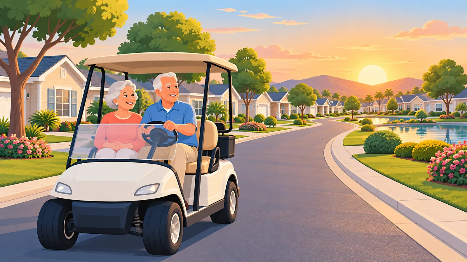 Couple de retraités en voiturette de golf dans un grand village de retraite