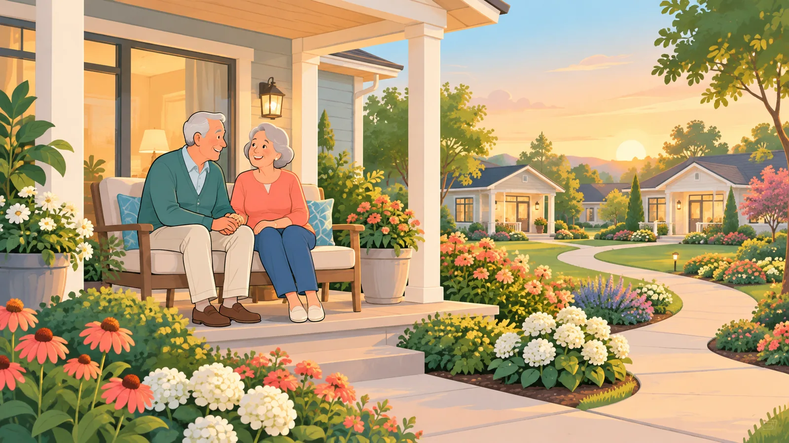 Couple de retraités souriant sur le porche de leur maison