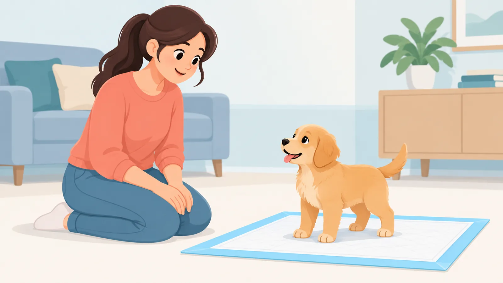 Une personne surveillant calmement un chiot sur son alèse