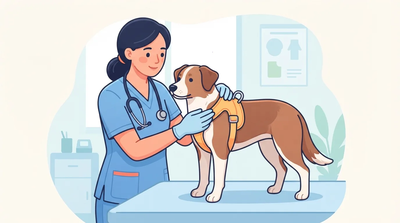 Vétérinaire vérifiant l’épaule d’un chien équipé d’un harnais bien ajusté