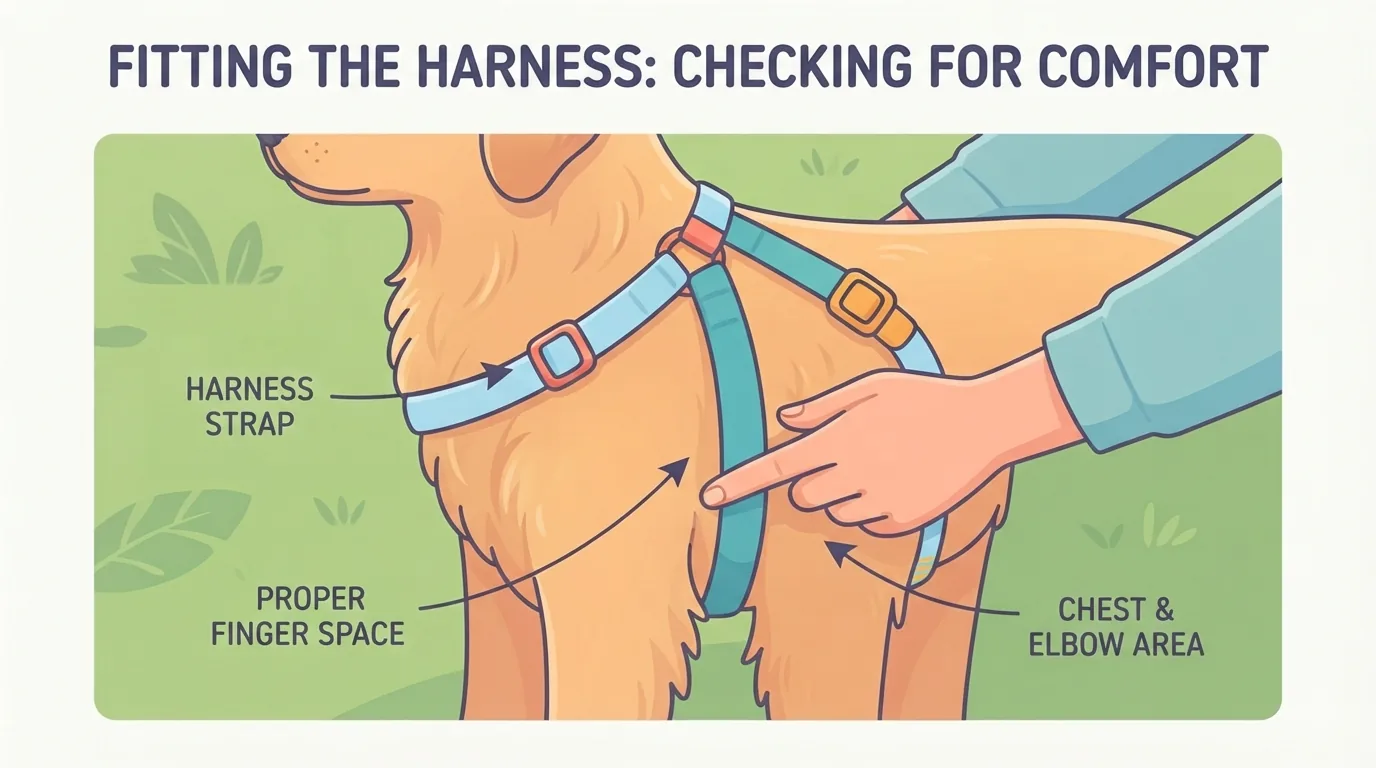 Contrôle de l’ajustement d’un harnais derrière les coudes du chien