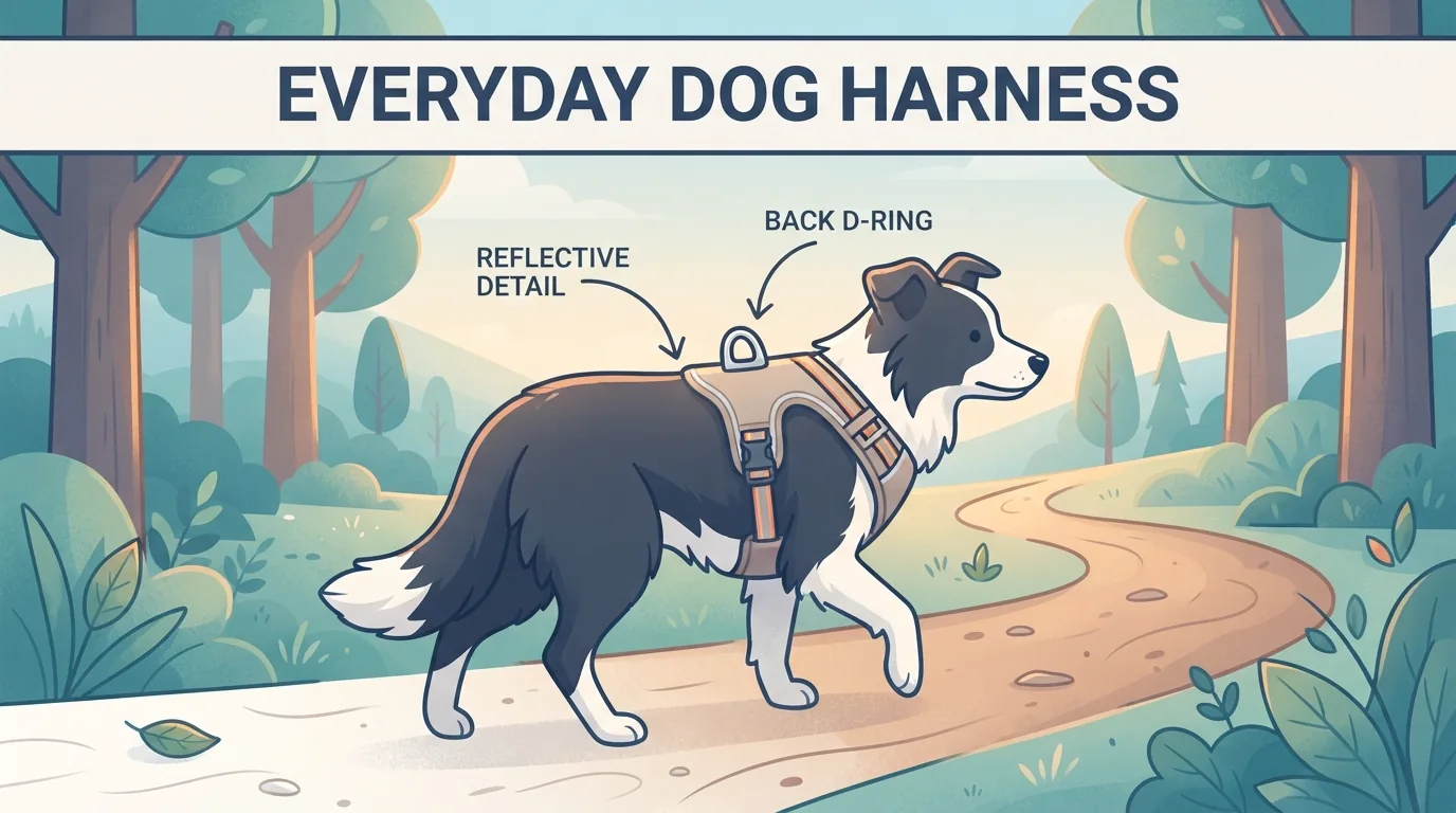 Border collie portant un harnais rembourré en promenade en forêt