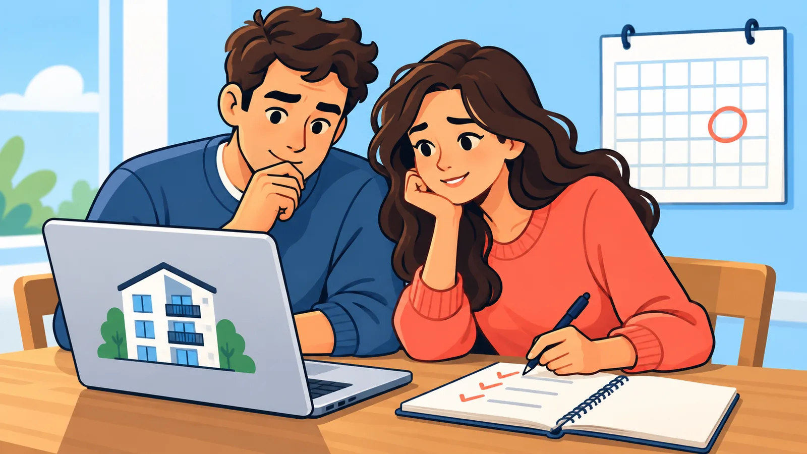 Un couple planifie les étapes de sa recherche d’appartement à la table de la cuisine