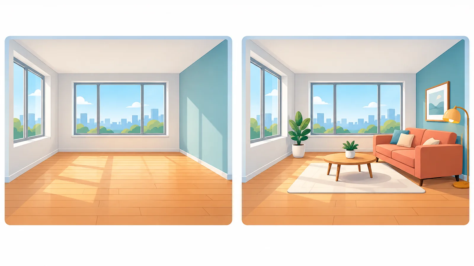 Comparaison entre un salon vide et un salon meublé dans un appartement à louer