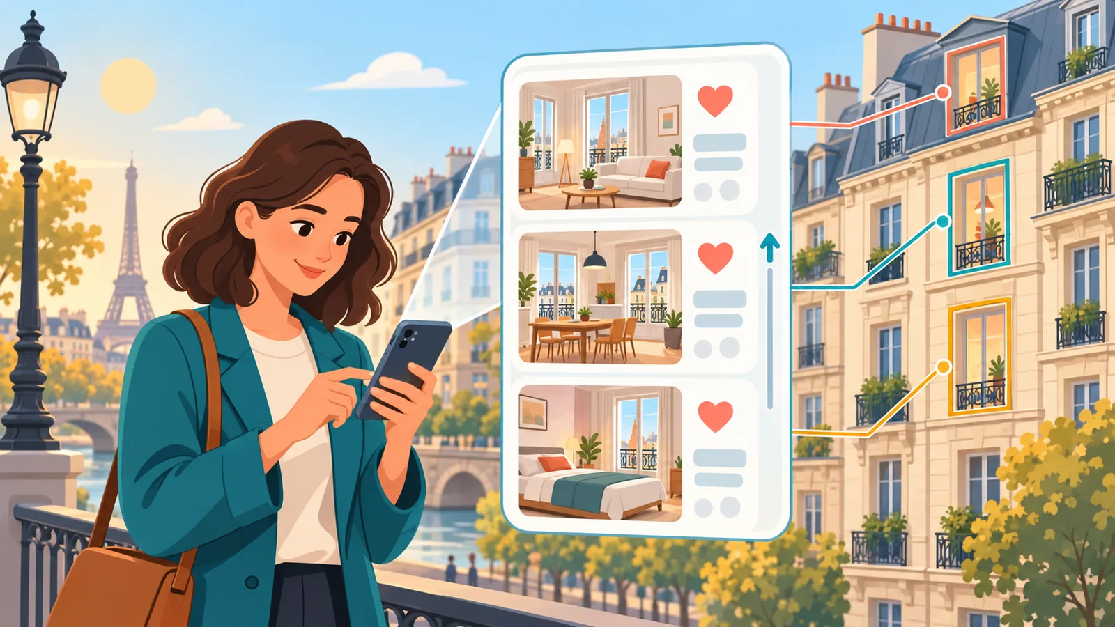 Une personne consulte des annonces de location sur son smartphone dans la rue