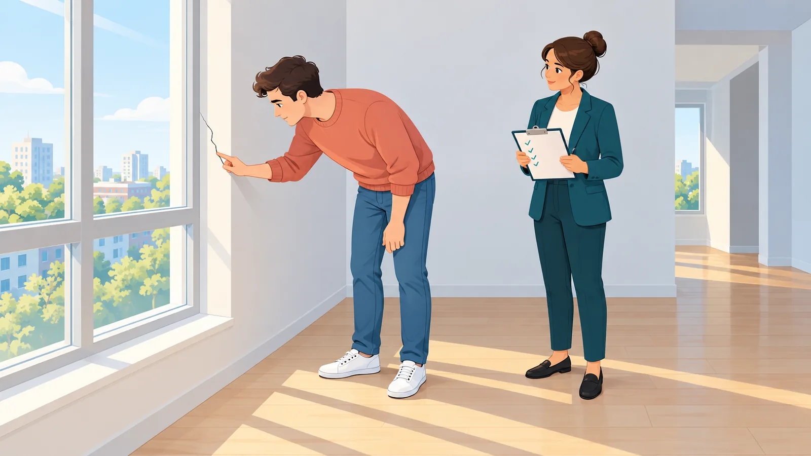 Visite d’un appartement vide avec vérification des fenêtres et des murs