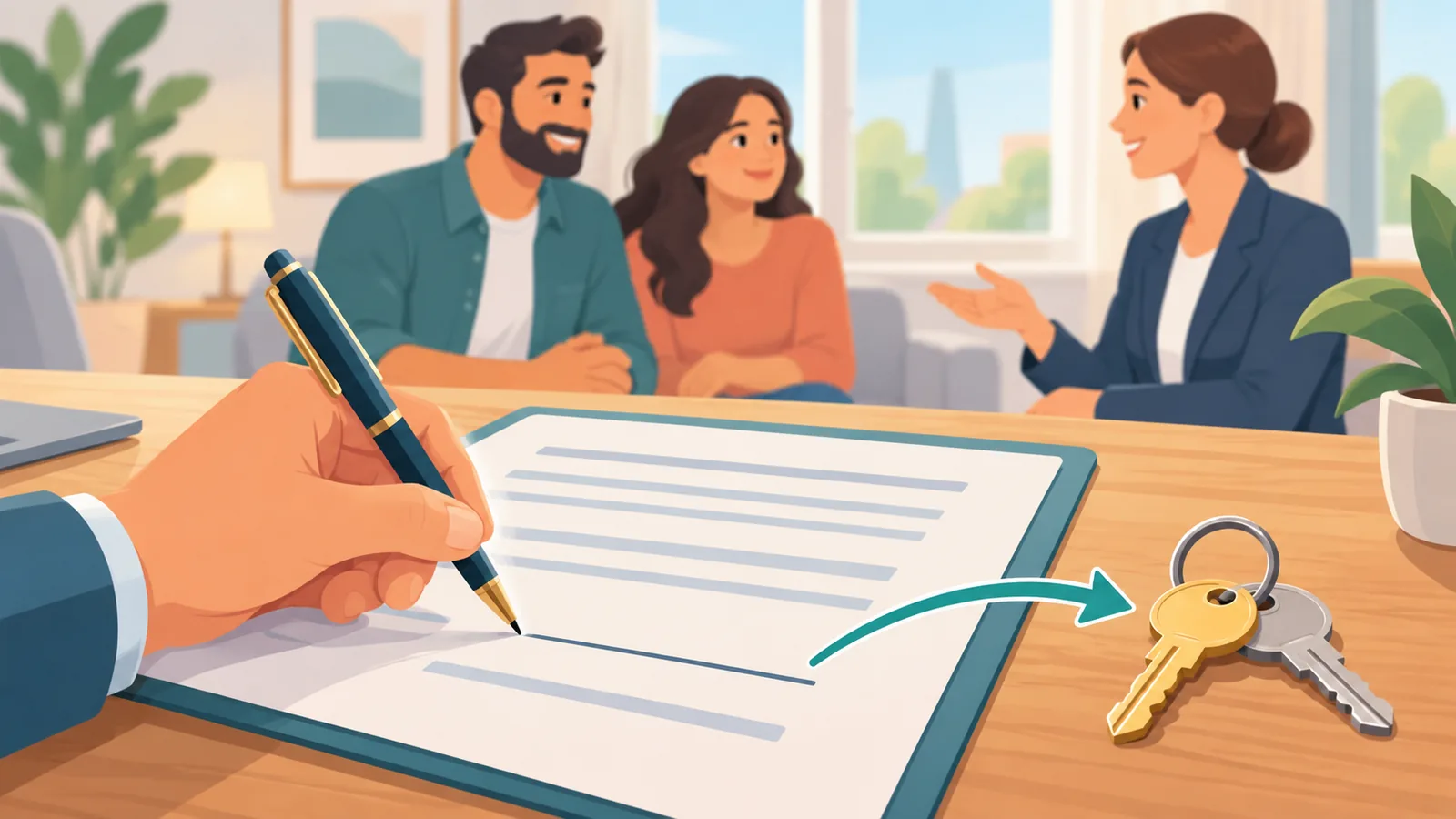 Signature d’un contrat de bail avec un trousseau de clés posé à côté