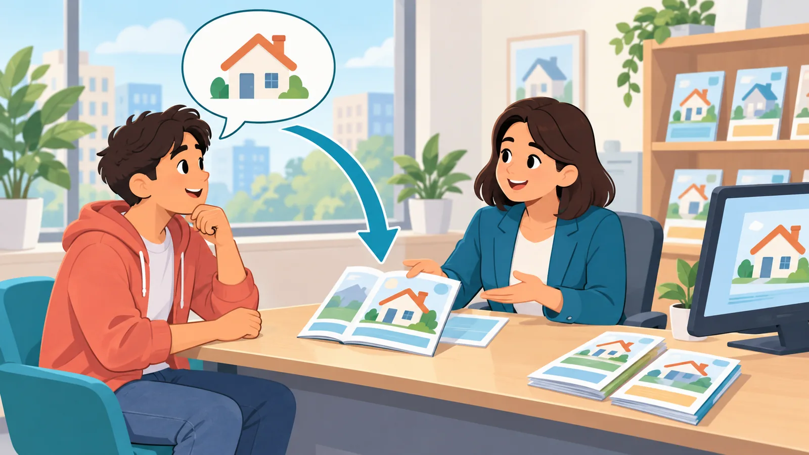Un conseiller répond aux questions d’un locataire dans un bureau d’information sur le logement