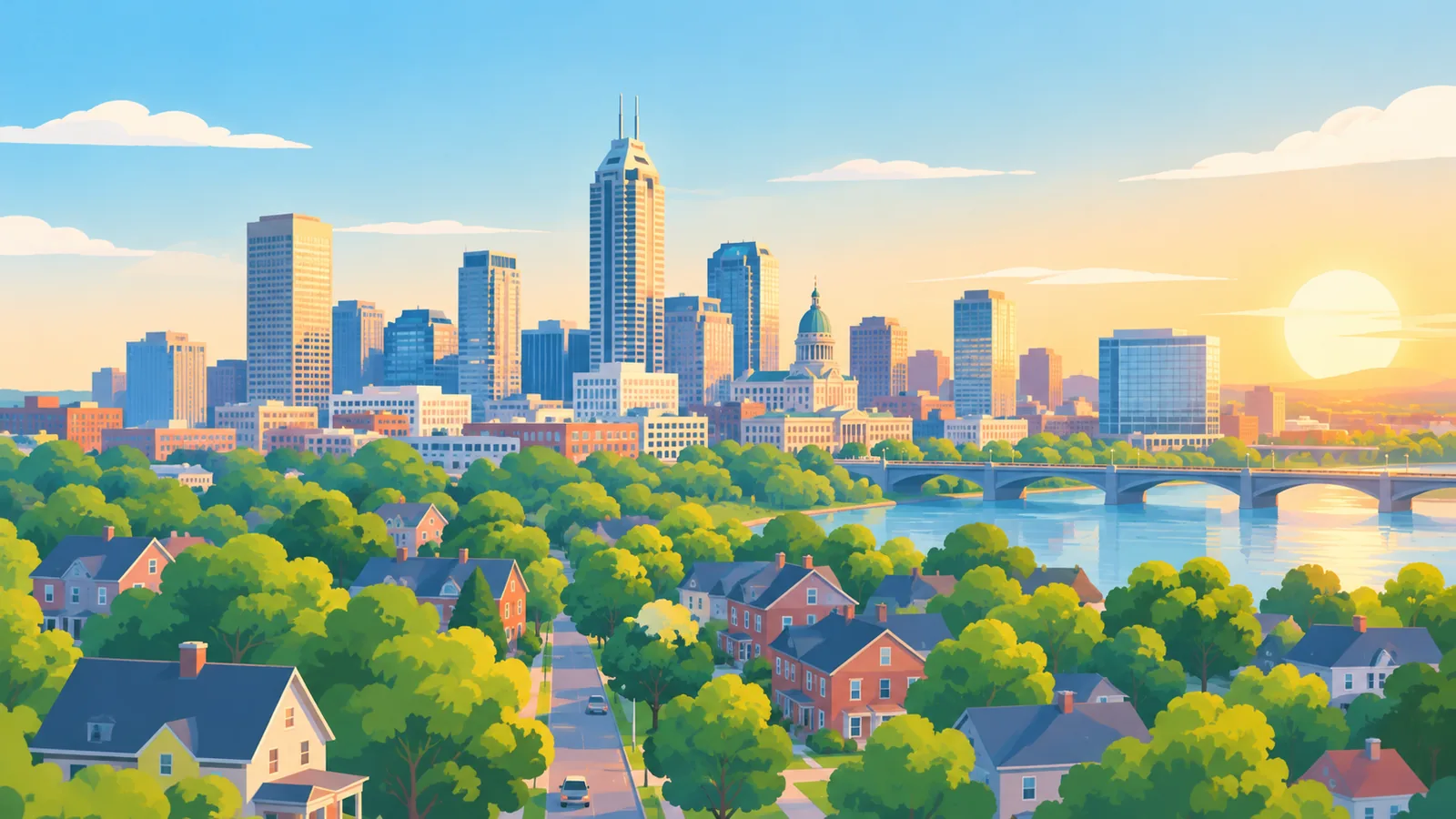Vue aérienne du centre d’Indianapolis au coucher du soleil avec des rues résidentielles au premier plan
