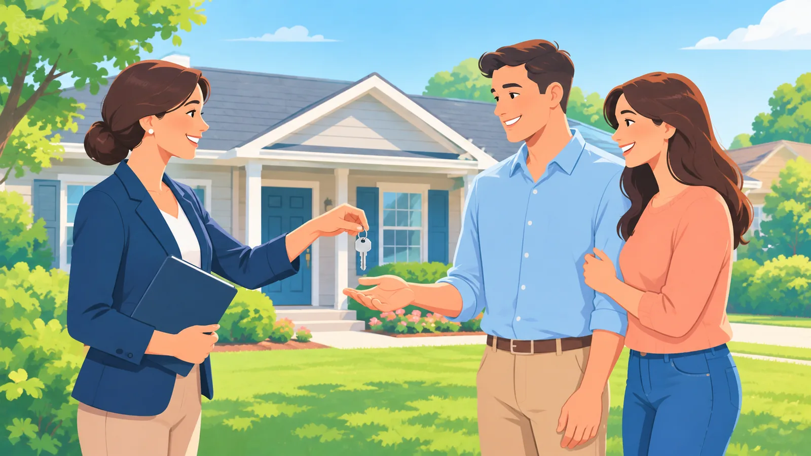 Agent immobilier remettant les clés d’une maison à un couple devant un pavillon du sud-est des États-Unis