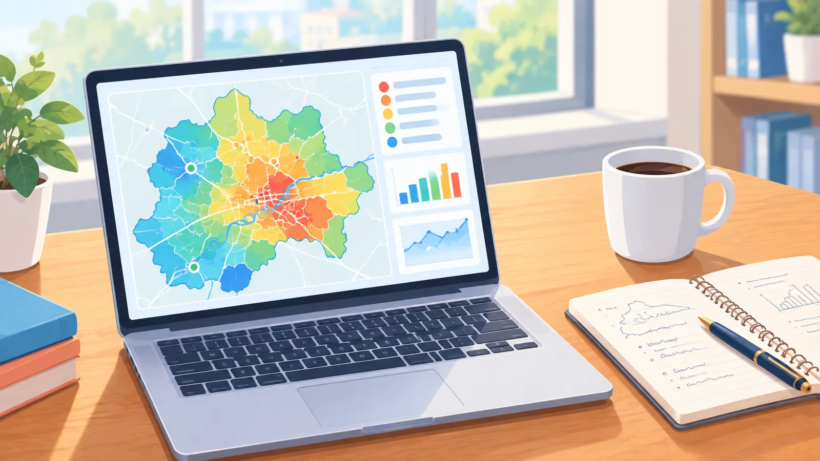 Écran d’ordinateur portable affichant une carte du marché immobilier à côté d’un carnet et d’un café