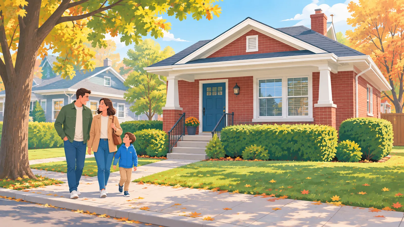 Maison en brique modeste dans un quartier du Midwest avec une rue arborée