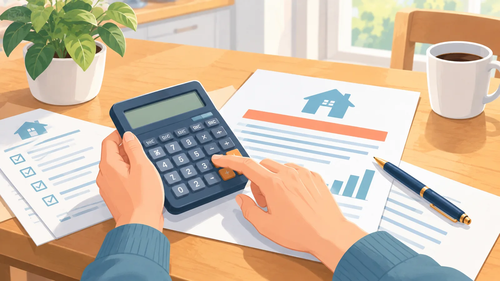 Mains calculant une mensualité de prêt avec une calculatrice et des documents sur une table de cuisine