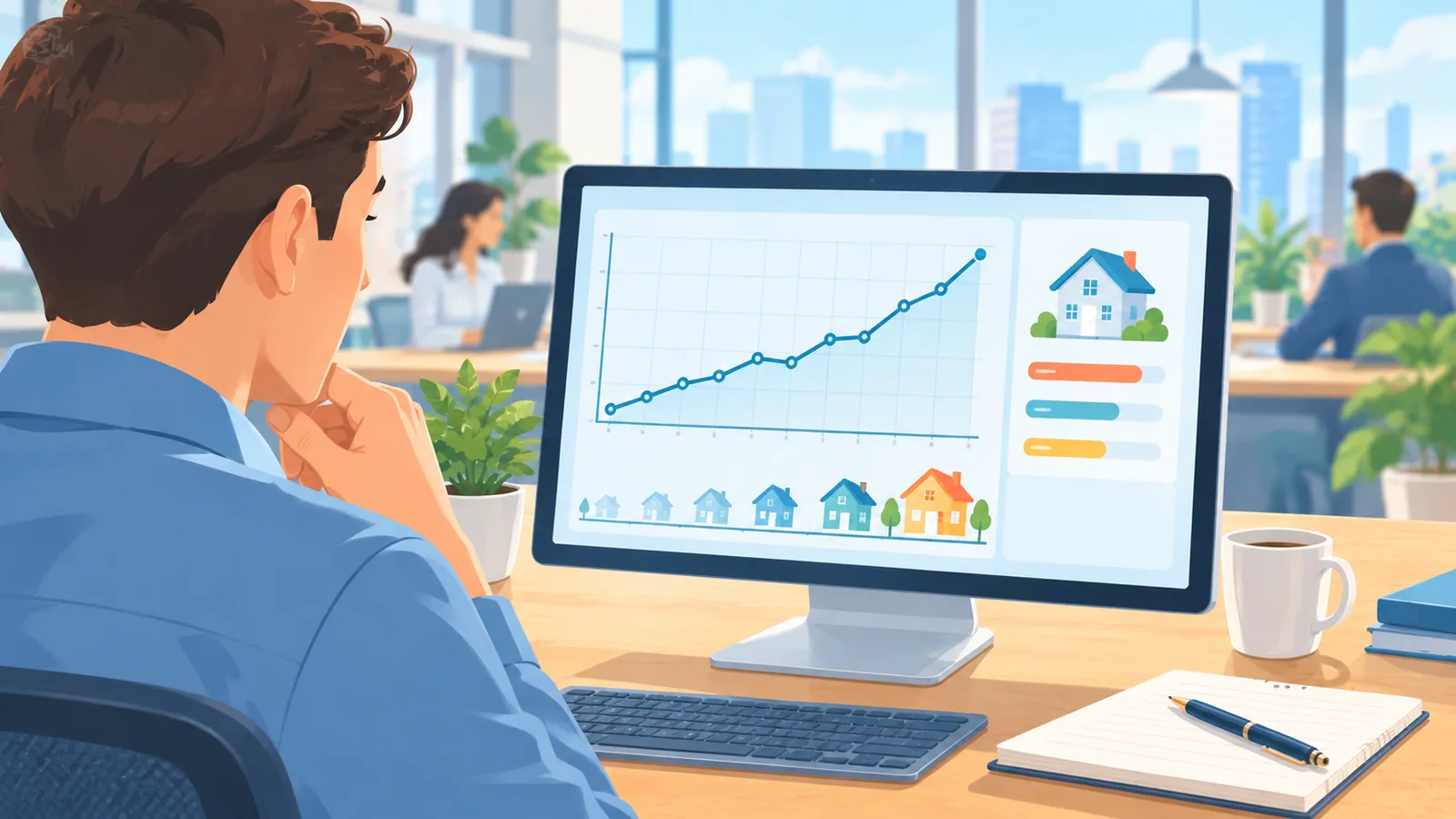 Analyste examinant un graphique linéaire des prix immobiliers sur un écran dans un bureau lumineux