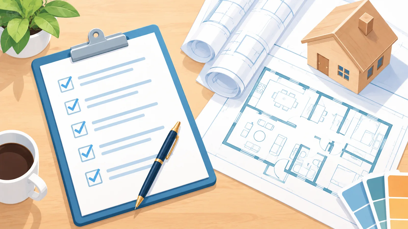Liste de contrôle sur un presse-papiers avec un stylo, des plans de maison et une petite maquette