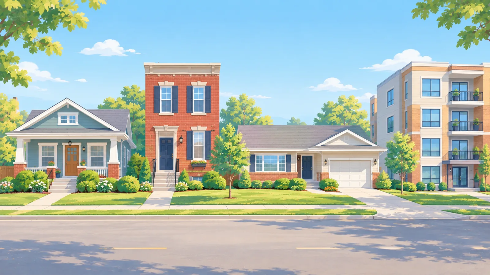 Panorama de quatre logements américains : bungalow, maison de ville, ranch et immeuble de copropriété